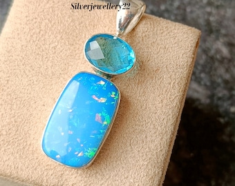 Handmade Australian Opal Pendant: Sterling Silver & Blue Topaz