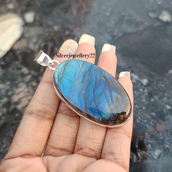 Blue Fire Labradorite Pendant: Handmade 925 Sterling Silver Gemstone