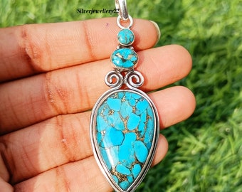 Blue Copper Turquoise Pendant: Handmade Sterling Silver Gemstone Necklace