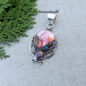 Colgante de turquesa ostra rosa, colgante de turquesa de cobre morado, colgante elegante de plata de ley 925, colgante hecho a mano, joyería de turquesa.