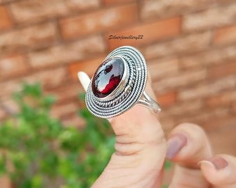 Anillo de granate hecho a mano: anillo de piedras preciosas de plata de ley 925