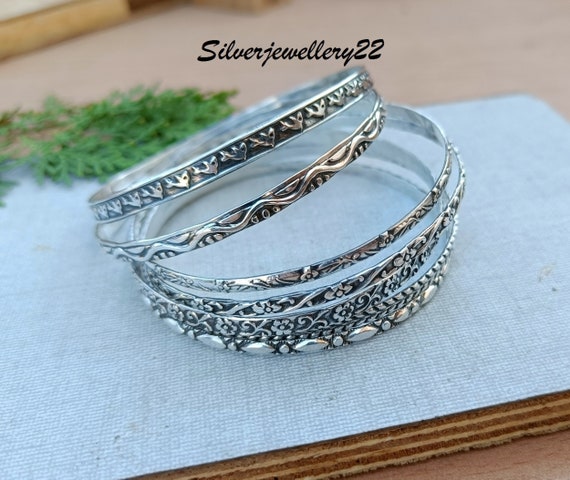 Sterling Silver Bangle Set: Floral Etched 7-piece Jewelry - Etsy