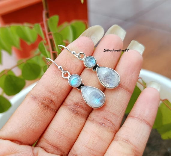 Orecchini Pendenti In Argento 925 Con Pietra Di Luna Arcobaleno &ndash; Fatto A Mano, India, 1.2 Pollici