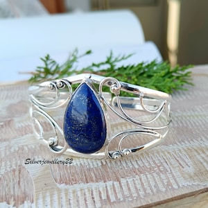 Lapislazuli Armreif, 925 Sterling Silber, handgemachter Armreif, stilvoller Armreif, Geschenk für Mutter, Edelstein Armreif, handgemachter Schmuck, einzigartiger Armreif
