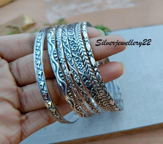 Sterling Silver Bangle Set: Floral Etched 7-piece Jewelry - Etsy