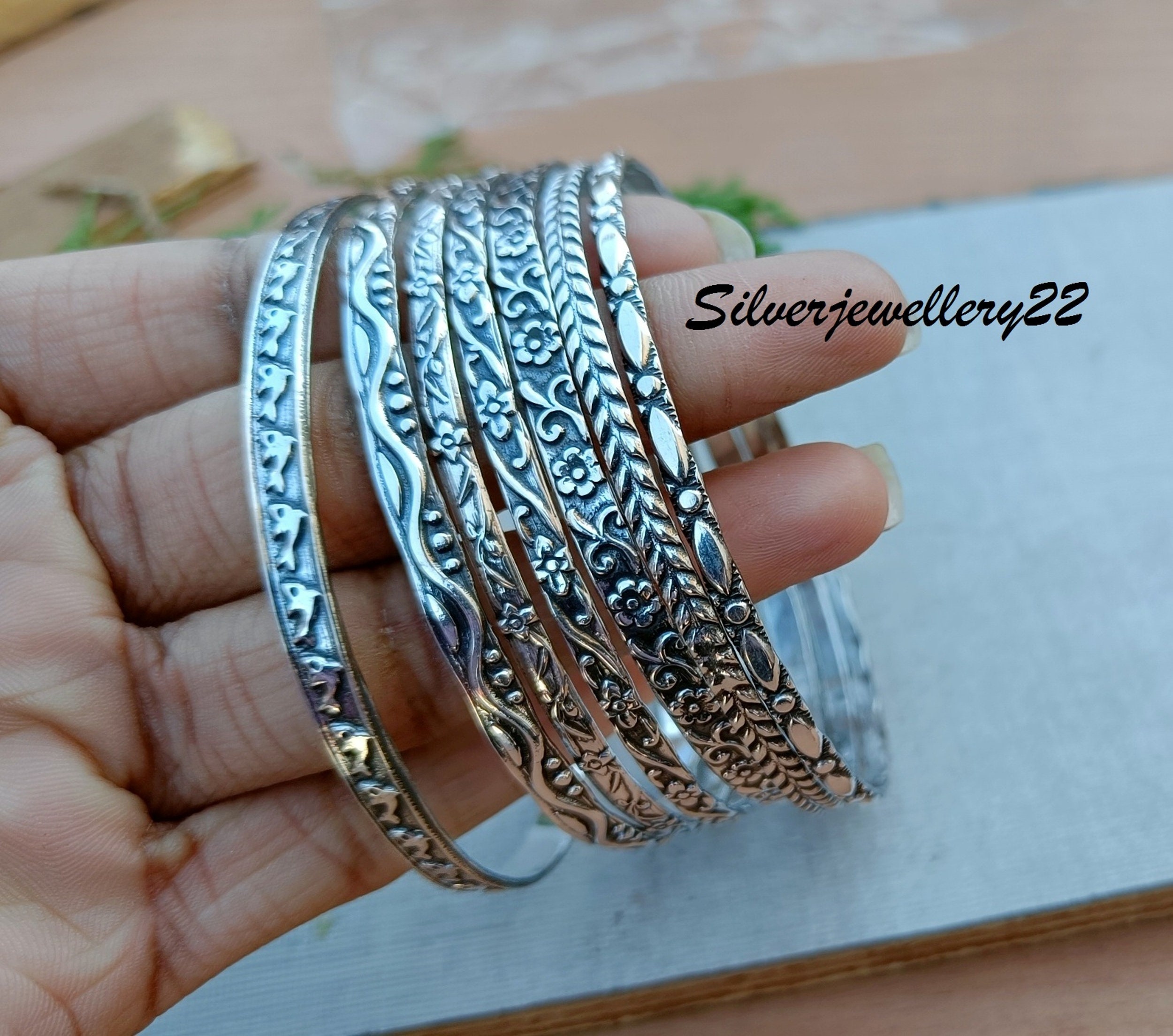 Sterling Silver Bangle Set: Floral Etched 7-piece Jewelry - Etsy