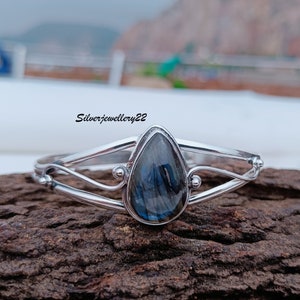Labradorite Bangle, 925 Sterling Silver Bangle, Gemstone Bangle, Adjustable Open Bangle, Boho Bangle, Ladies Bangle, Women Bangle.