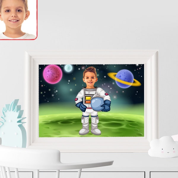 Personalized Astronaut Poster, Astronaut Kids Caricature, Spacemen Portait from Photo, Astronaut Wall Art, Cartoon Wall Decor, Gift for Kids