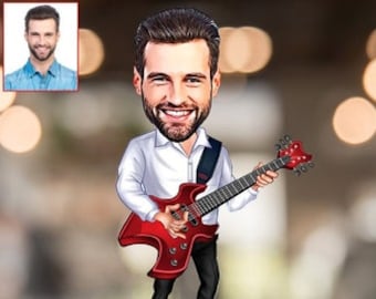 Personalized Guitarist Caricature Trinket, Musician Miniature Figurine, Wooden Cartoon Portrait from Photo, Guitar Gift For Men, Custom Gift