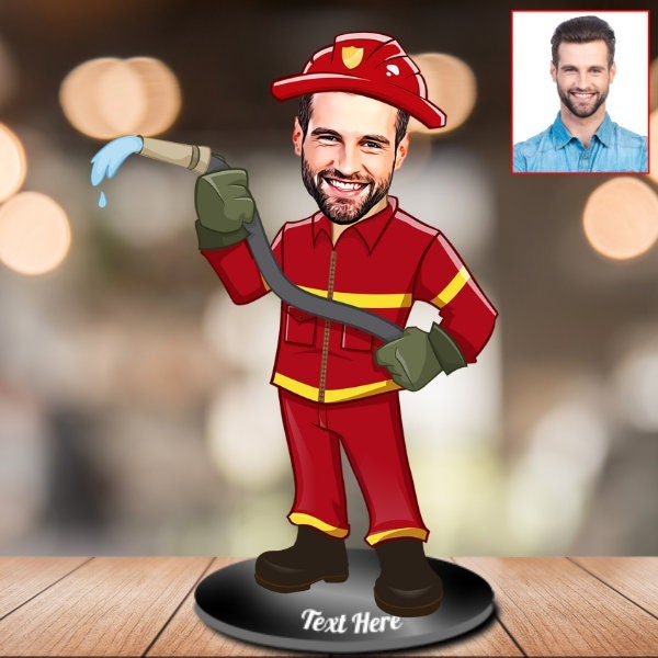 Personalisierte Feuerwehrmann-Karikatur-Schmuckstück, Feuerwehrmann-Geschenk, hölzernes Karikatur-Porträt für Foto, personalisiertes Geschenk für Männer, Feuerwehrmann-Geschenk