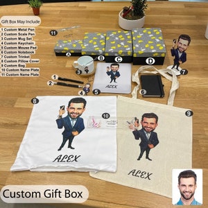 Gepersonaliseerde geschenkdoos, geschenkdoos bouwen, aangepaste bureaunaamplaat, muismat, trinket, sleutelhanger, draagtas, mokset, baascadeau, onroerendgoedcadeau