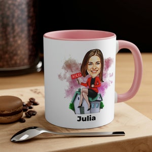 Aangepaste makelaar mok voor vrouwen, gepersonaliseerde makelaar mok foto, karikatuur mok, cartoon mok, handgemaakte keramische mok, schattige koffiemok