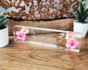 Personalized Name Plate for Desk, Floral Name Plate, Office Sign, Acrylic Desk Decor, Personalized Gift, Coworker Gift, New Job Gift for Her