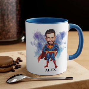 Custom Super Dad Mug, Hero Dad Mug, Personalized Father Mug Photo, Caricature Cartoon Mug, Handmade Ceramic Mug, Cute Coffee Mug for Husband