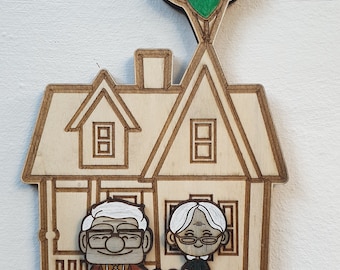 UP house key ring. UP movie key hanger. Carl and Ellie. UPadventure wood