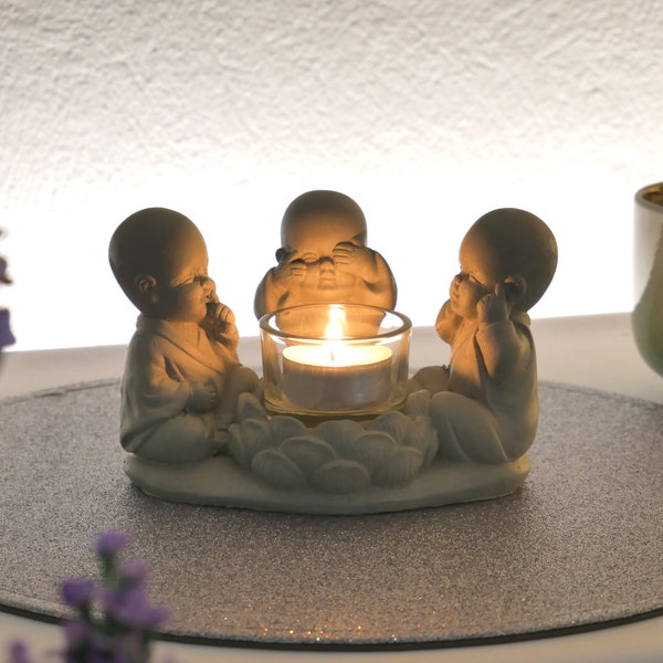 Buddha Teelichthalter - Hören, Sehen, Sprechen - aus Zement *Deko-Figur Buddha mit Teelichthalter* Zement Dekofigur *Deko Kerzenhalter*