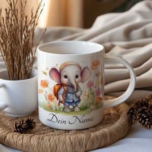 Personalisierte Tasse mit Name 330ml (11 oz) *personalisierter Kinderbecher Mädchen* Wunschname *Tiermotiv Elefant 2* Geschenk Geburt