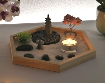 Zen-Garten 24x21 mit Teelichtglas *Geschenkidee* Dekoration *Stylisch* Asiatischer-Stil *Deko-Element* Handarbeit *Zen Garden*