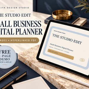 May include: A digital tablet displaying a Small Business Digital Planner titled The Studio Edit. The screen shows a 26-page hyperlinked PDF interface with a light blue border. A circular badge indicates a free 6-page demo is available.