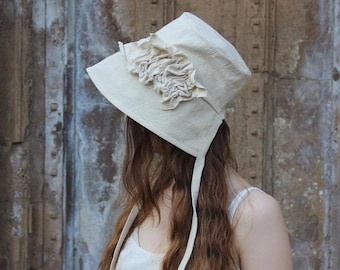 Frankenbonnet Sun Hat - Cream Textured Pure Cotton - with ties