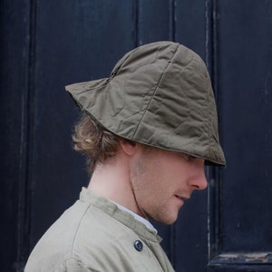 Cipollino - Olive Waxed Cotton (100% Wool Quilted) - Unisex Designer Avant Garde Warm Winter Oilskin Waterproof Transformer Tulip Rain Hat