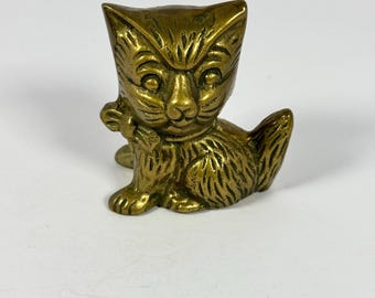 Vintage Brass Cat Figurine Paperweight Kitten with Bow Mid Century Decor