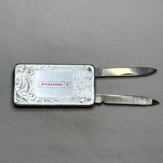 Vintage Imperial Firestone Money Clip Knife File Stainless Steel Engraved Pocket Tool