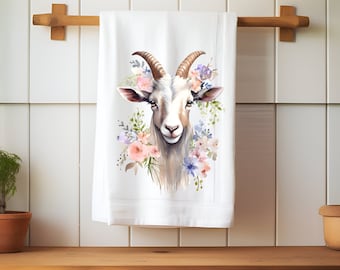 Tea Towel Goat With Flowers, Farm House Home Decor, Goat Lover Gift, Goat Kitchen Towel, House Warming Gift, Farm Animals Goats Gift For Her