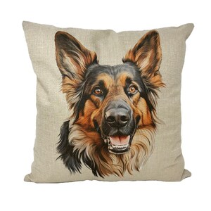 May include: A decorative throw pillow featuring a detailed portrait of a German Shepherd dog. The dog has brown and black fur, with a tan background. The dog's eyes are open, and its mouth is slightly open.