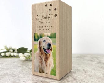 Personalised Solid Wooden Photo Pet Memorial Tea Light Holder, Custom Name Pet Remembrance Gift, Pet Tribute Memorial Keepsake