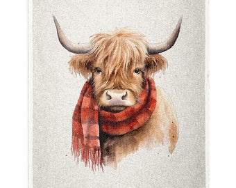 Adorable vaca de las Highlands con pañuelo en la cabeza, decoración de granja, paño de cocina de vaquera, amor por las vacas de las Highlands, amantes de las vacas, mamá de las vacas de las Highlands