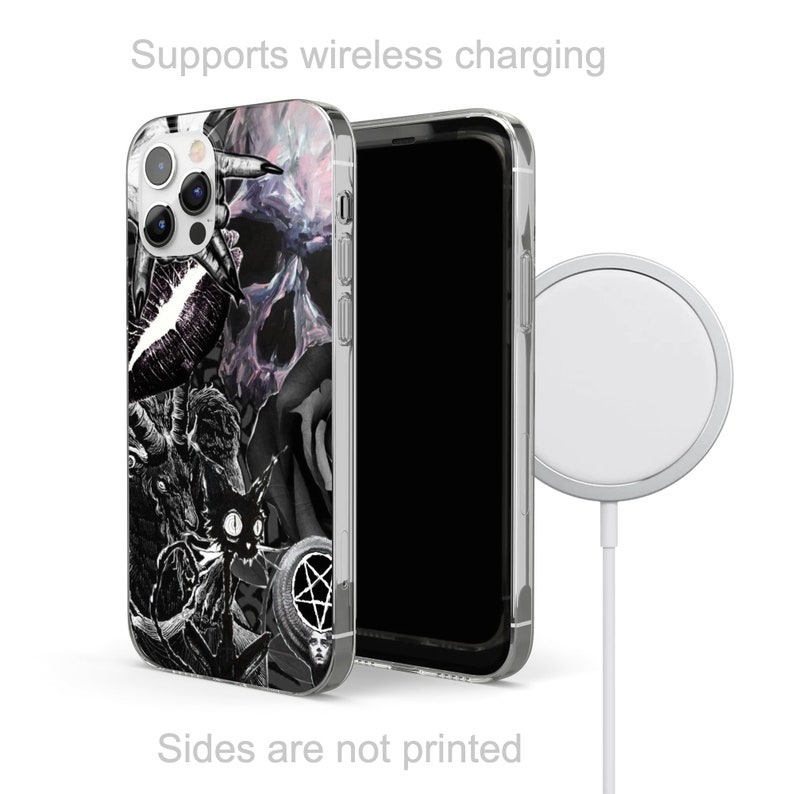 May include: A clear phone case with a black and white graphic print of a skull, lips, and other abstract imagery. The case supports wireless charging. "Sides are not printed" text is visible at the bottom of the image.