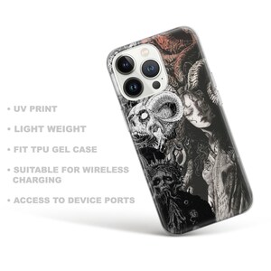 May include: A clear phone case with a black and white graphic print of a woman with horns and a skull. The case is designed to fit a phone with a triple camera lens.