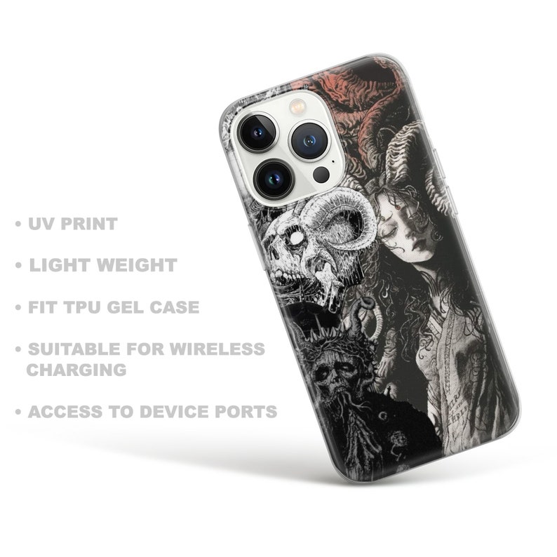 May include: A clear phone case with a black and white graphic print of a woman with horns and a skull. The case is designed to fit a phone with a triple camera lens.