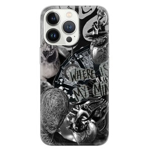 May include: A clear phone case with a black and white design featuring a skull, playing cards, hearts, and the text "WHERE IS MY MIND".