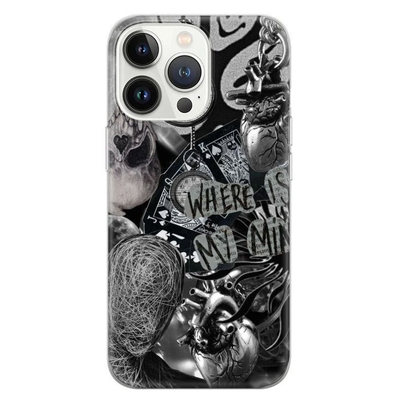 May include: A clear phone case with a black and white design featuring a skull, playing cards, hearts, and the text "WHERE IS MY MIND".