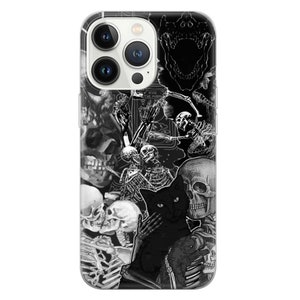 May include: Black and white iPhone case with a collage of skulls, skeletons, and a black cat. The case has a clear background and the design is printed on the back.