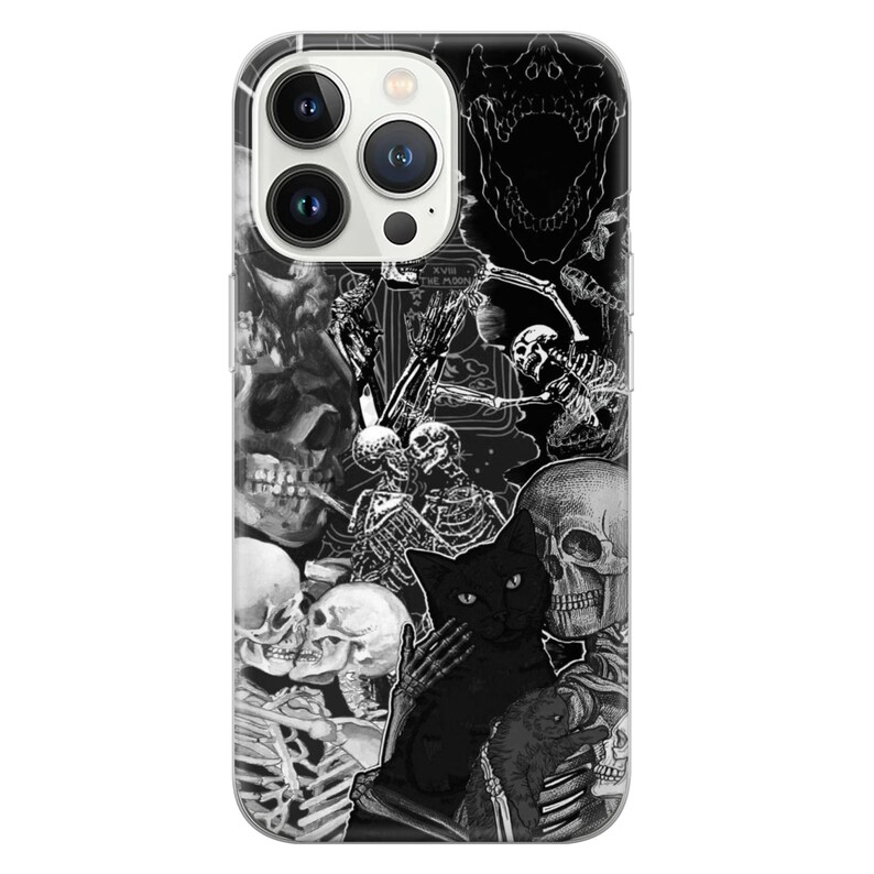 May include: Black and white iPhone case with a collage of skulls, skeletons, and a black cat. The case has a clear background and the design is printed on the back.