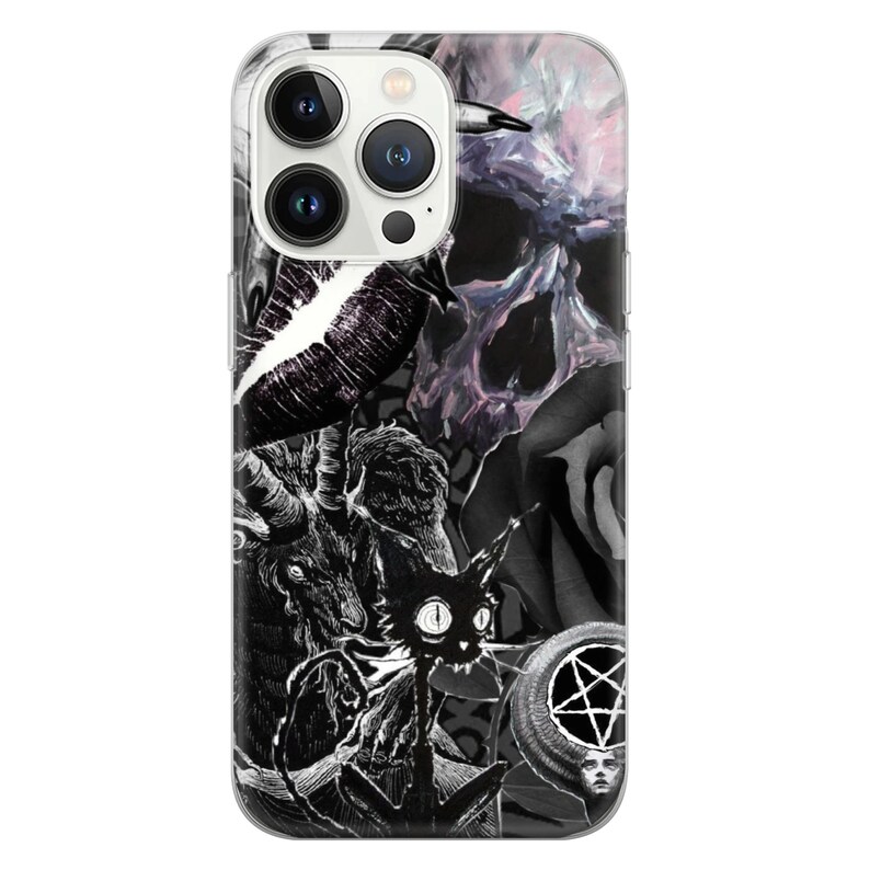May include: A black and white phone case with a gothic design. The design includes a skull, a cat, a goat, a pentagram, and lips. The phone case is clear and shows the phone's camera lenses.