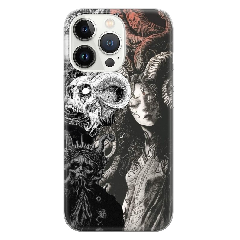 May include: A black and white phone case with a graphic design of a woman with horns and a skull. The background is a dark, swirling pattern.