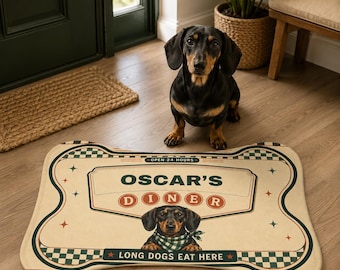 Personalized Dachshund Dog Bowl Mat, Retro Wiener Dog Feeding Mat, Custom Name Pet Mat