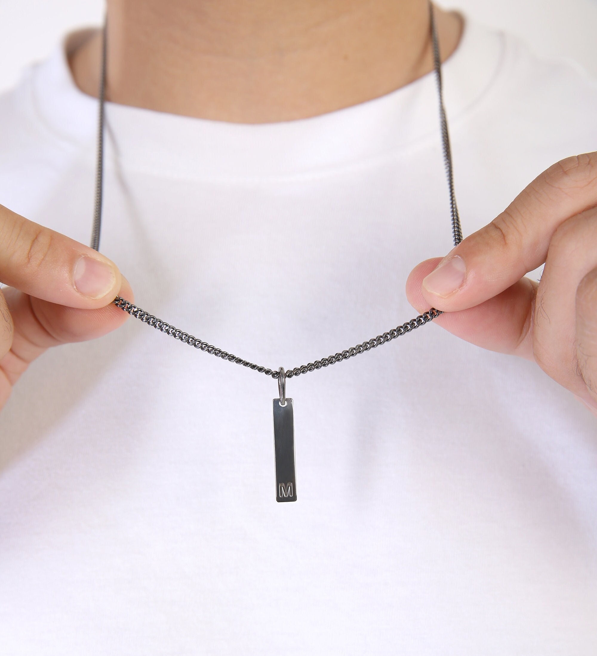 Engraved Custom Black Bar Necklace for Men, Customized Men Necklace