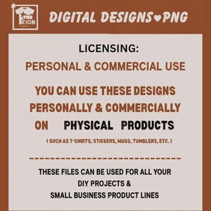 Puede incluir: Un gr&aacute;fico digital con texto marr&oacute;n sobre un fondo claro. El texto dice: DIGITAL DESIGNS PNG, LICENSING: PERSONAL & COMMERCIAL USE, YOU CAN USE THESE DESIGNS PERSONALLY & COMMERCIALLY ON PHYSICAL PRODUCTS (SUCH AS T-SHIRTS, STICKERS, MUGS, TUMBLERS, ETC.)