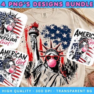 Frihetsgudinnan som blåser bubbla png, USA png, Amerika 4 juli png-paket, Preppy Stripes png, American Girl-sublimering, Girly-png