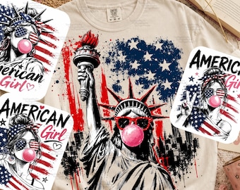 Estatua de la Libertad soplando burbujas PNG, EE. UU. PNG, Paquete de PNG del 4 de julio de Estados Unidos, Rayas preppy PNG, Sublimación de American Girl, PNG femenino