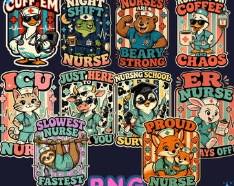 Silly Goose Nurse PNG Bundle, 10 Funny Animal Nurse Designs, Night Shift Er Nurse PNG, Cute Nurse Characters (Digital Download)
