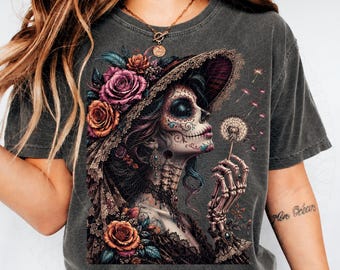 La Catrina Blowing Wishes Dandelion PNG: Gothic Floral Sugar Skull Day Of Dead PNG Sublimation Design (Digital Download)