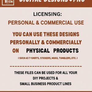 May include: A digital information graphic with a brown and cream color scheme. The text reads: DIGITAL DESIGNS PNG, LICENSING: PERSONAL & COMMERCIAL USE, YOU CAN USE THESE DESIGNS PERSONALLY & COMMERCIALLY ON PHYSICAL PRODUCTS, INSTANT DIGITAL DOWNLOAD.