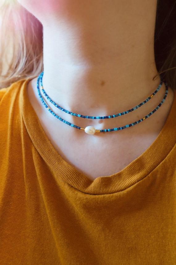 Double Wrap Beaded Necklace - Dark Blue Double Wrap Beaded Necklace - Dark Blue