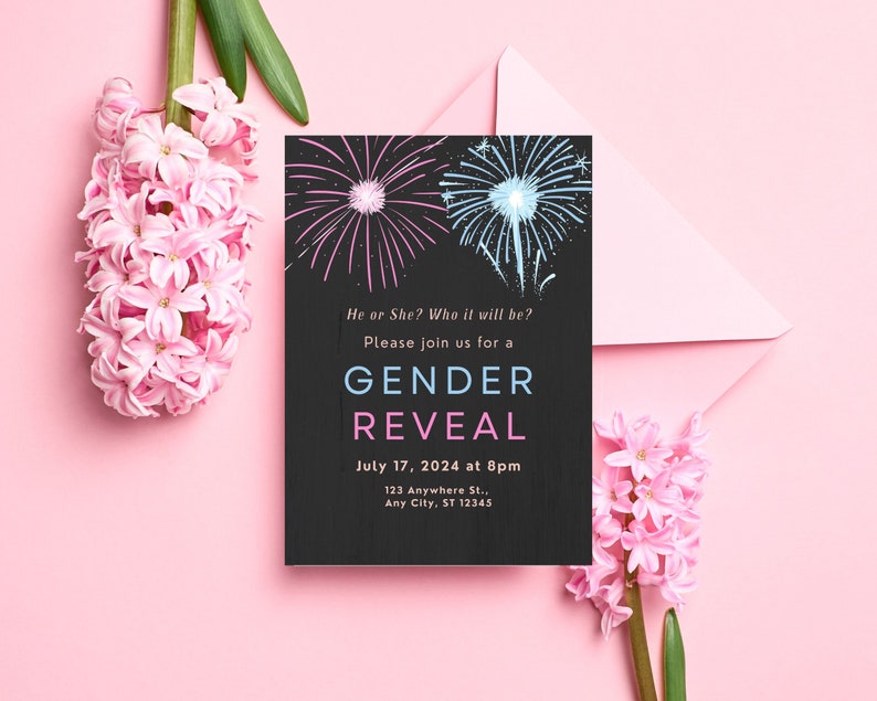 Firework Gender Reveal Invitation Blue and Pink Firecracker Etsy